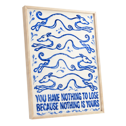 Blue Hounds, Bold Words, blue, beige, white nature wall art shown as a oak framed poster wall art print