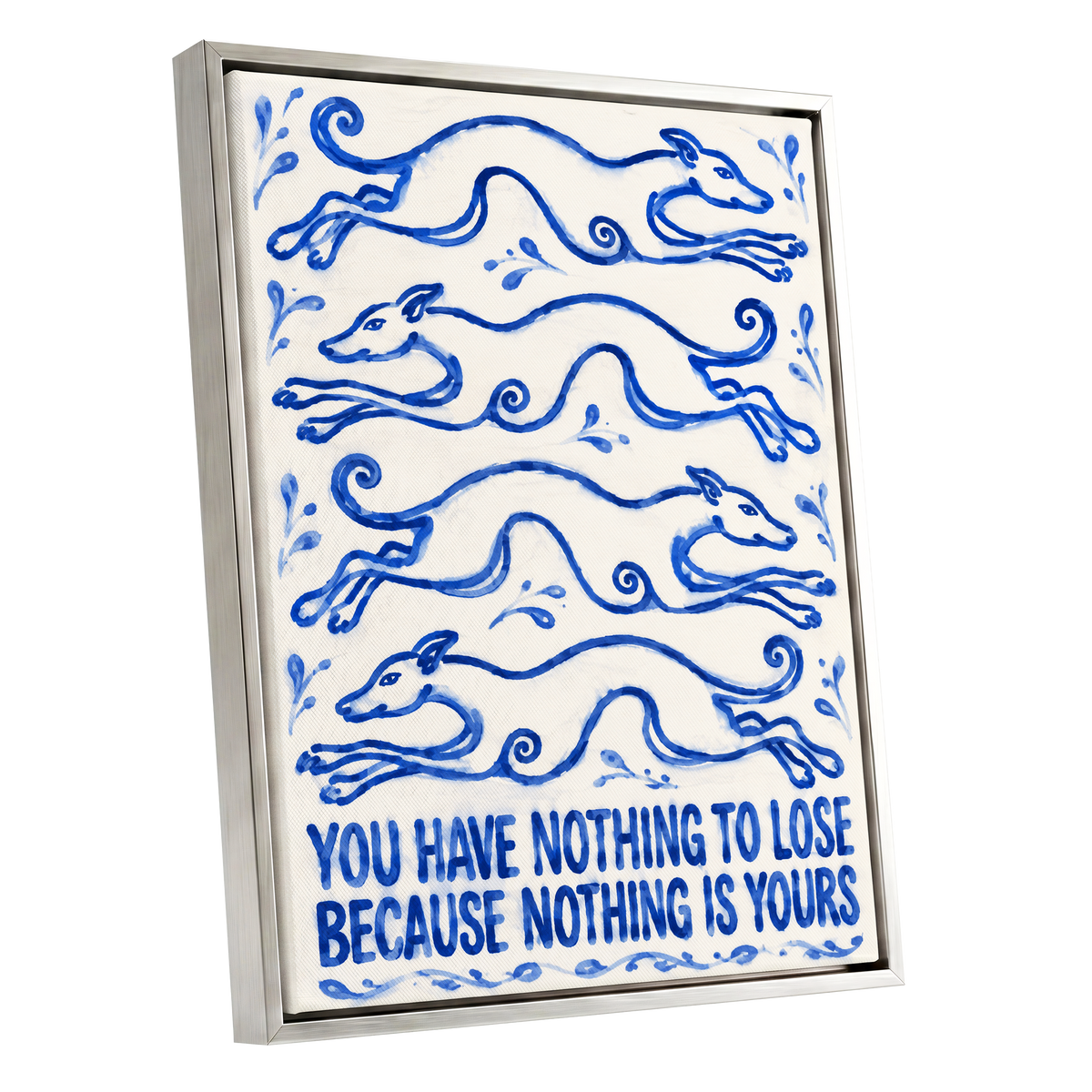 Blue Hounds, Bold Words, blue, beige, white nature wall art shown as a silver framed canvas wall art