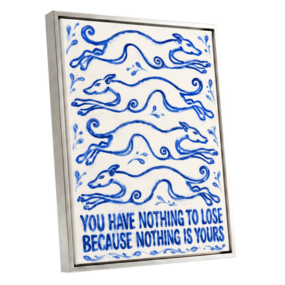 Blue Hounds, Bold Words, blue, beige, white nature wall art shown as a silver framed canvas wall art