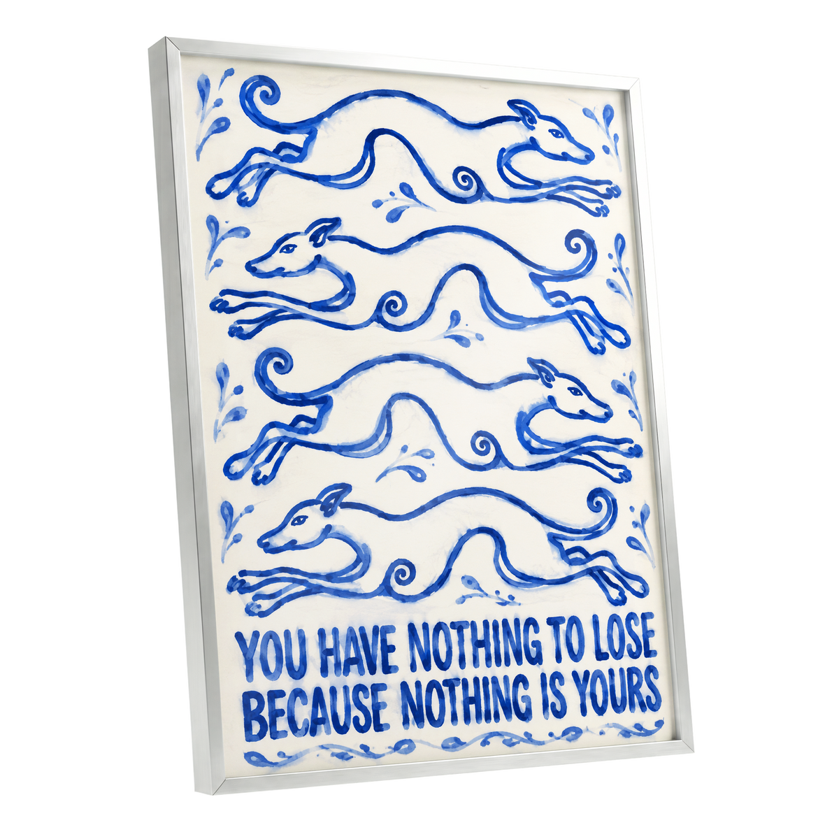 Blue Hounds, Bold Words, blue, beige, white nature wall art shown as a silver framed poster wall art print