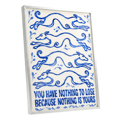 Blue Hounds, Bold Words, blue, beige, white nature wall art shown as a silver framed poster wall art print