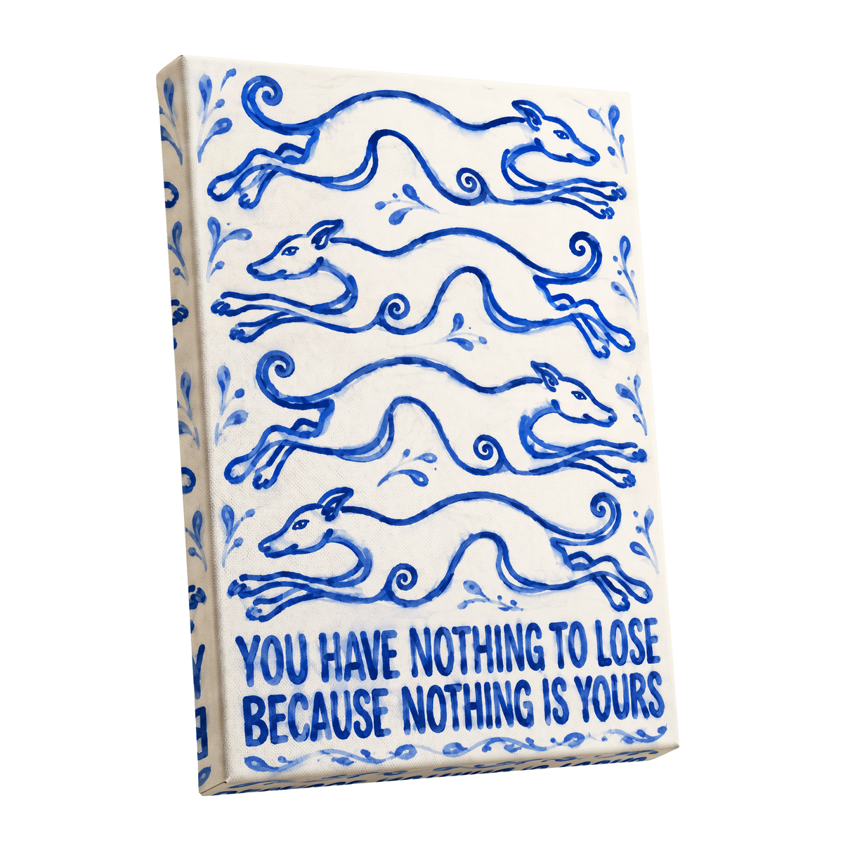 Blue Hounds, Bold Words, blue, beige, white nature wall art shown as a stretched canvas wall art