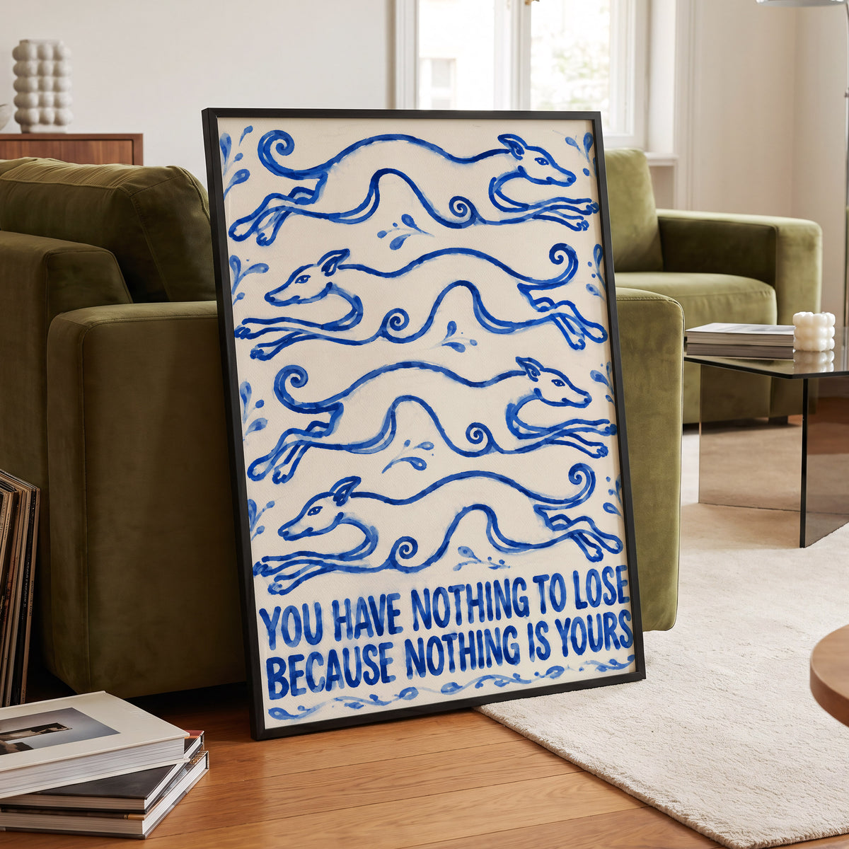 Blue Hounds, Bold Words, blue, beige, white nature wall art displayed in a styled interior, gallery view 2