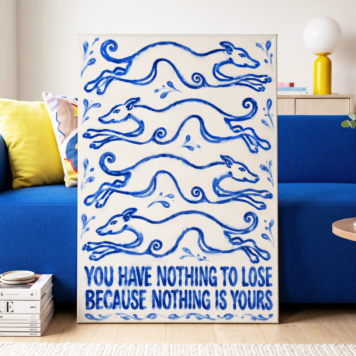 Blue Hounds, Bold Words, blue, beige, white nature wall art displayed in a styled interior, gallery view 3