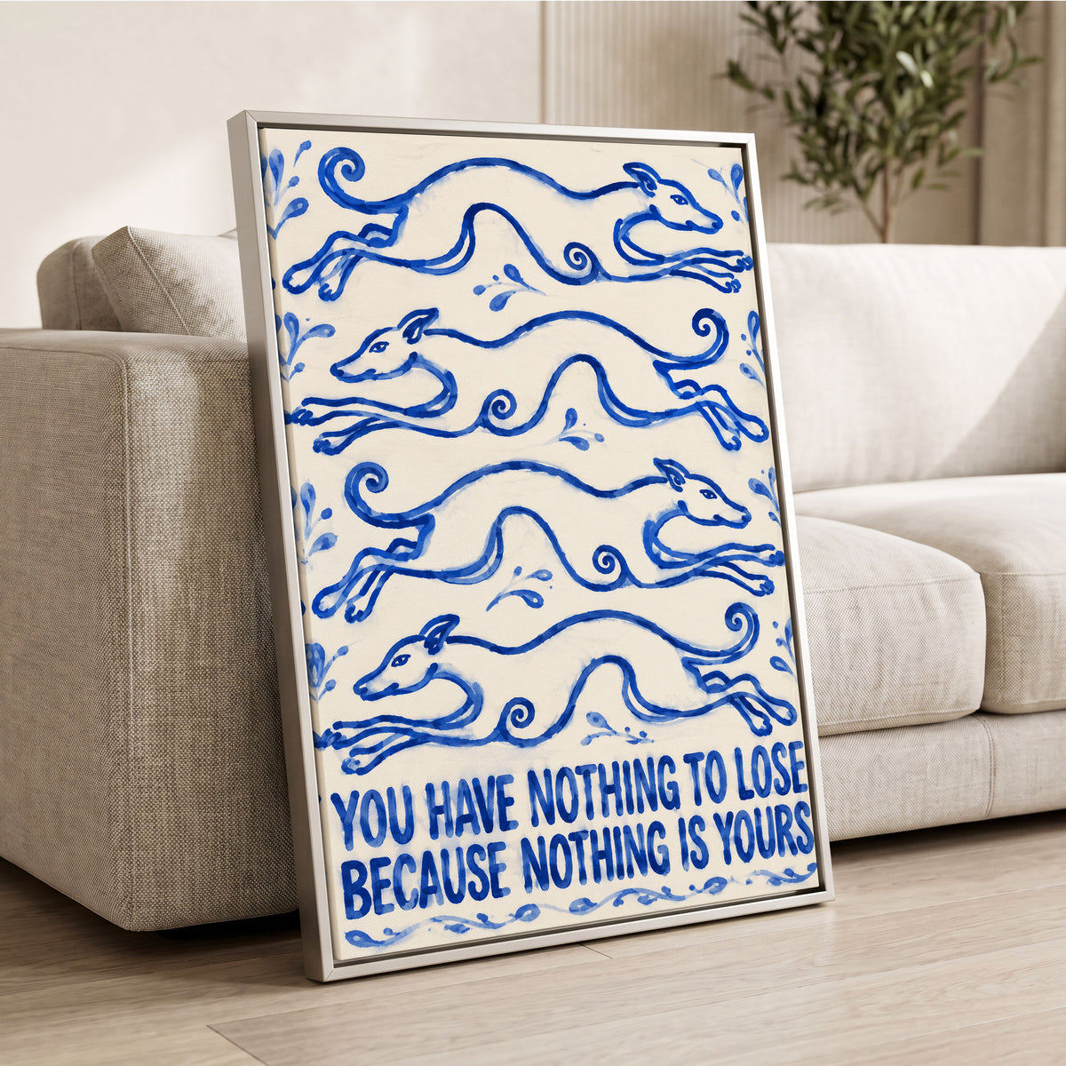 Blue Hounds, Bold Words, blue, beige, white nature wall art displayed in a styled interior, gallery view 4