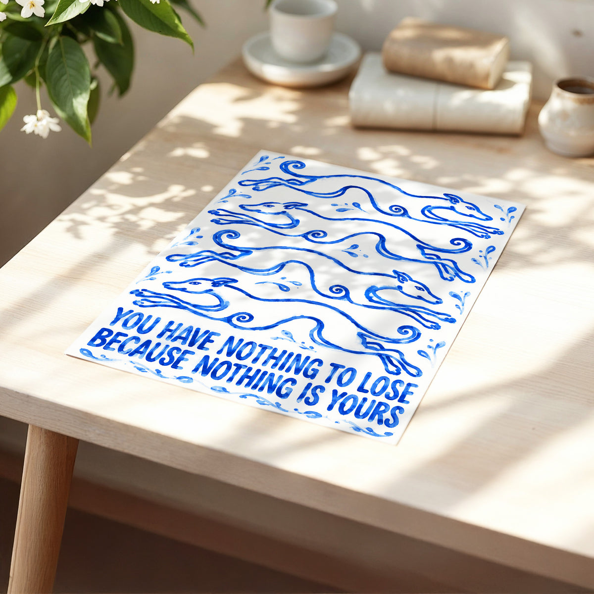 Blue Hounds, Bold Words, blue, beige, white nature wall art displayed in a styled interior, gallery view 5