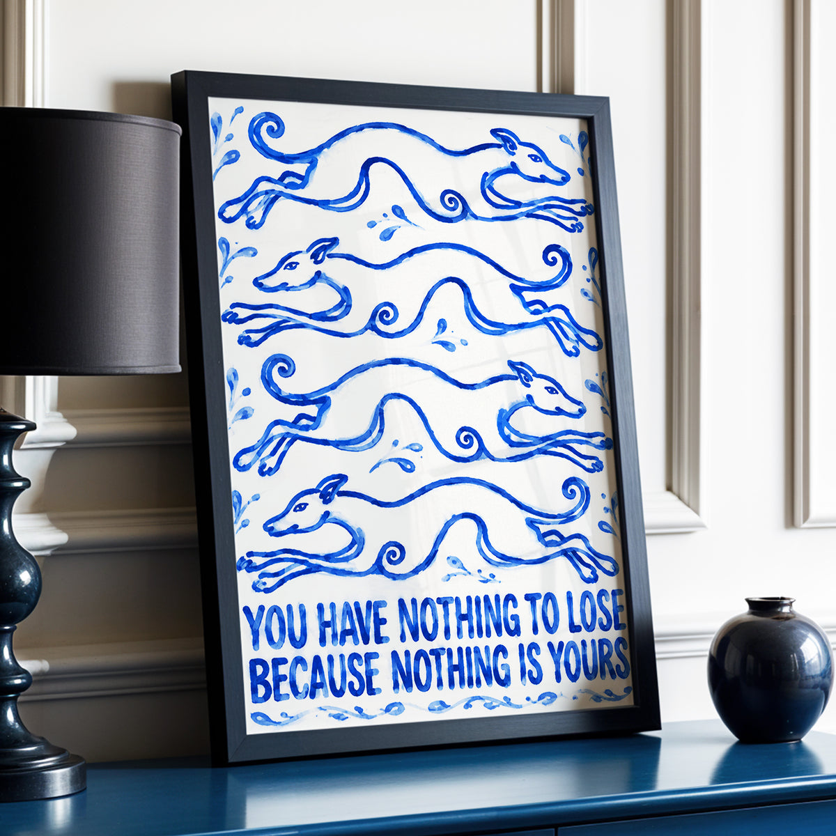Blue Hounds, Bold Words, blue, beige, white nature wall art displayed in a styled interior, gallery view 6