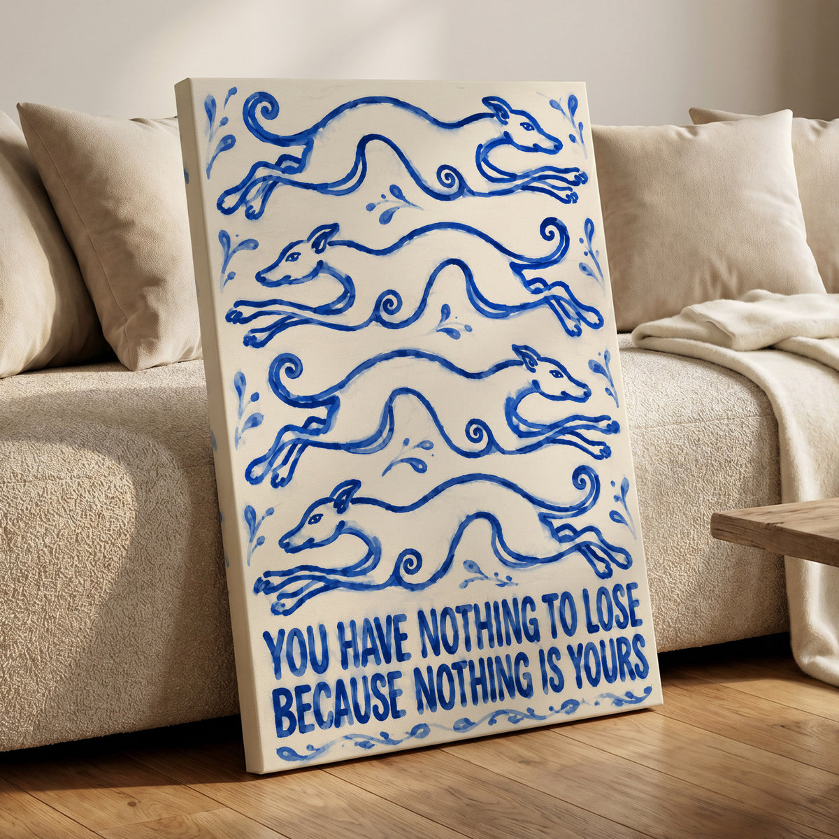 Blue Hounds, Bold Words, blue, beige, white nature wall art displayed in a styled interior, gallery view 7