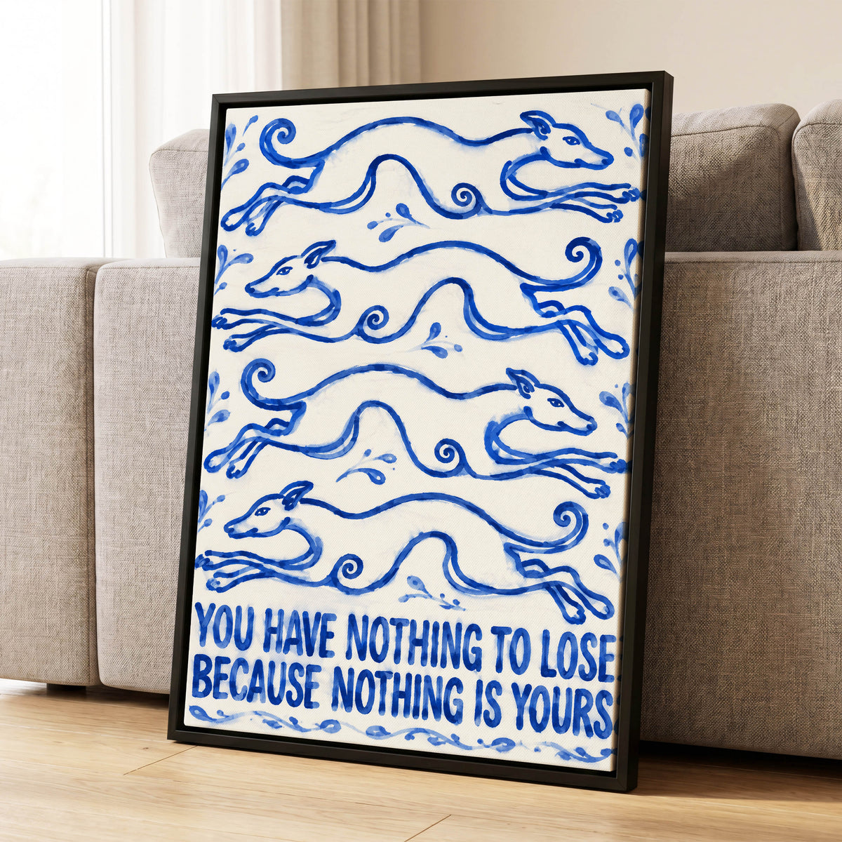 Blue Hounds, Bold Words, blue, beige, white nature wall art displayed in a styled interior, gallery view 8