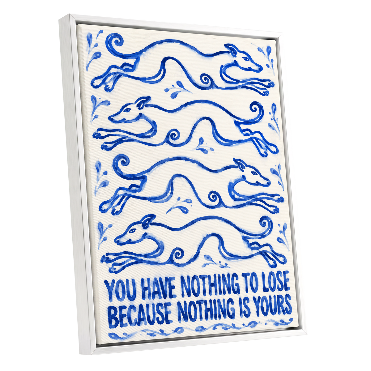 Blue Hounds, Bold Words, blue, beige, white nature wall art shown as a white framed canvas wall art