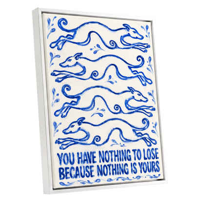 Blue Hounds, Bold Words, blue, beige, white nature wall art shown as a white framed canvas wall art