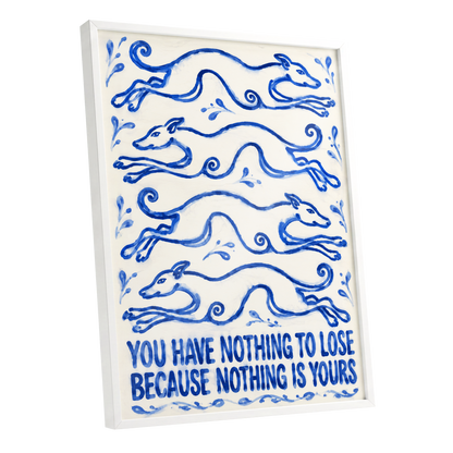 Blue Hounds, Bold Words, blue, beige, white nature wall art shown as a white framed poster wall art print