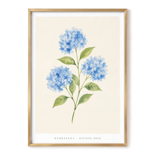 Blue Hydrangea Study, blue, green, beige floral wall art, front artwork view