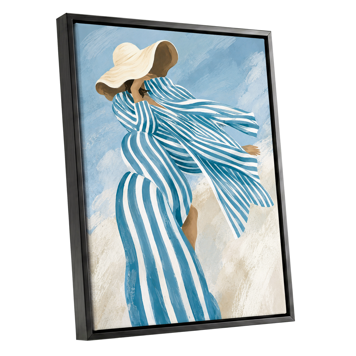 Blue in the Breeze, blue, white, beige abstract wall art shown as a black framed canvas wall art