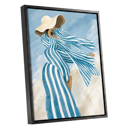 Blue in the Breeze, blue, white, beige abstract wall art shown as a black framed canvas wall art