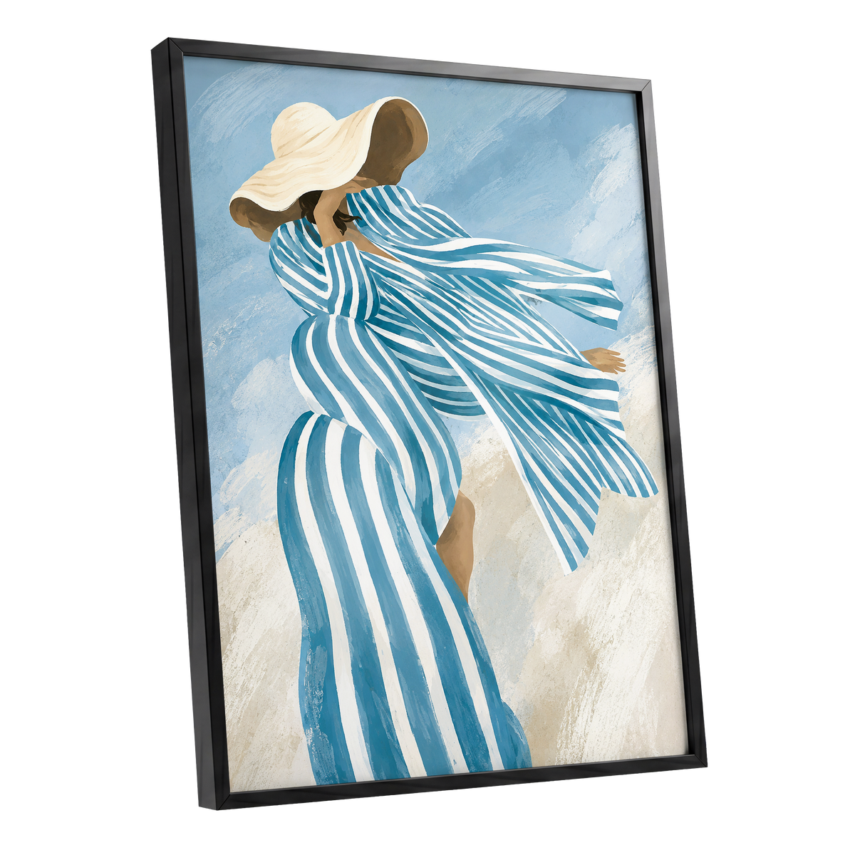 Blue in the Breeze, blue, white, beige abstract wall art shown as a black framed poster wall art print