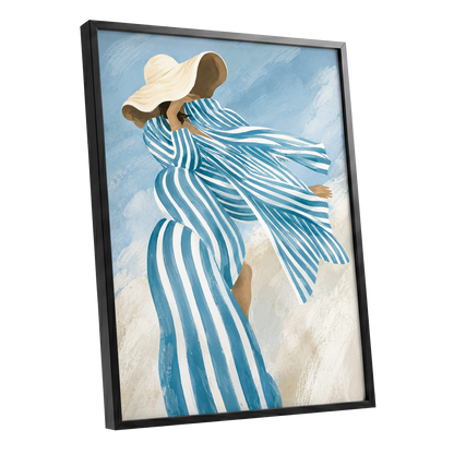 Blue in the Breeze, blue, white, beige abstract wall art shown as a black framed poster wall art print