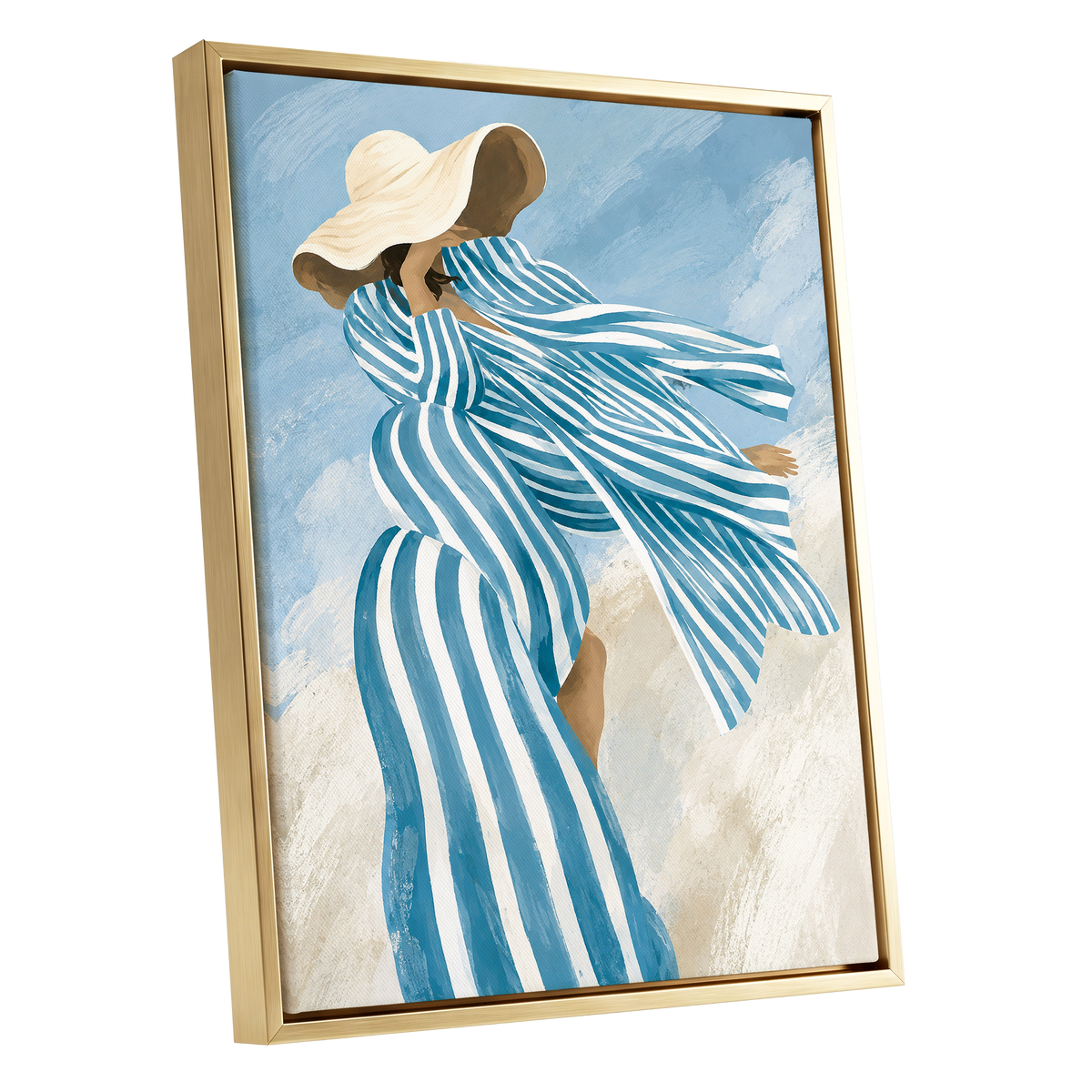 Blue in the Breeze, blue, white, beige abstract wall art shown as a gold framed canvas wall art