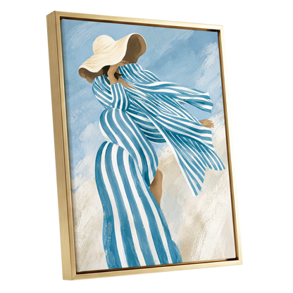 Blue in the Breeze, blue, white, beige abstract wall art shown as a gold framed canvas wall art