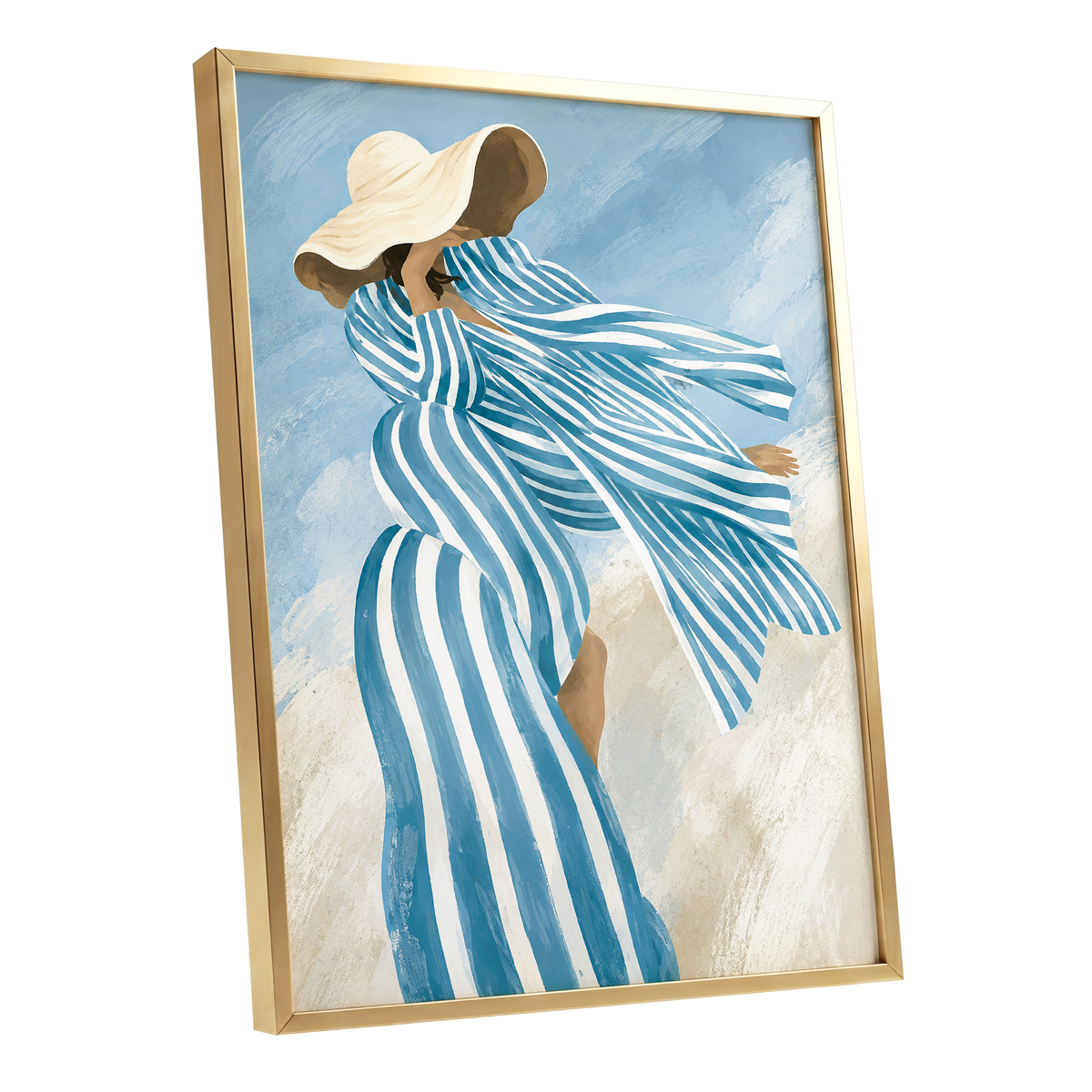Blue in the Breeze, blue, white, beige abstract wall art shown as a gold framed poster wall art print
