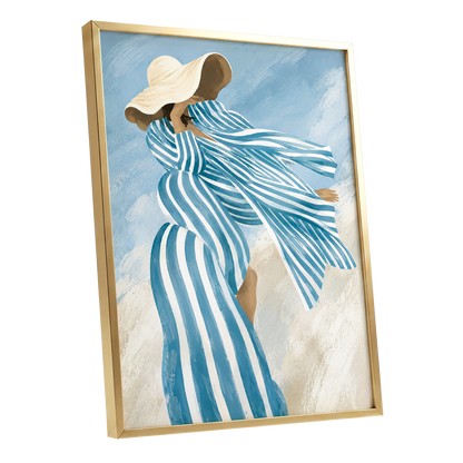 Blue in the Breeze, blue, white, beige abstract wall art shown as a gold framed poster wall art print