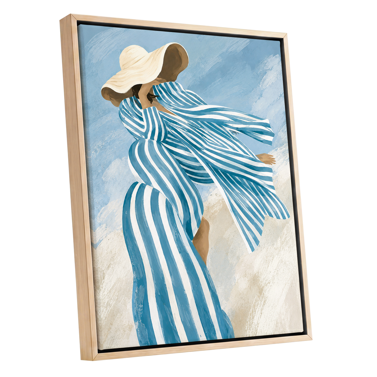 Blue in the Breeze, blue, white, beige abstract wall art shown as a oak framed canvas wall art