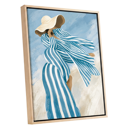 Blue in the Breeze, blue, white, beige abstract wall art shown as a oak framed canvas wall art