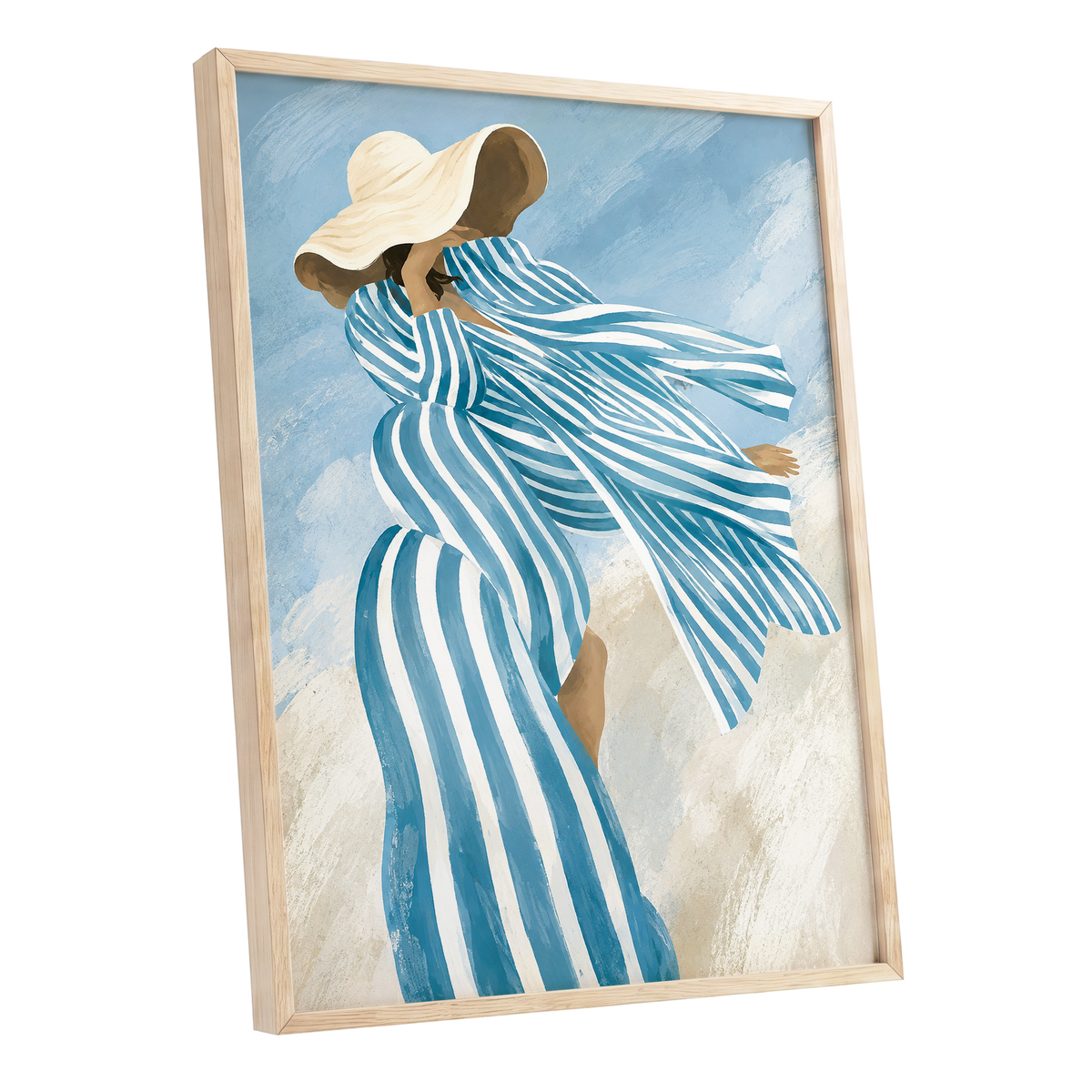 Blue in the Breeze, blue, white, beige abstract wall art shown as a oak framed poster wall art print