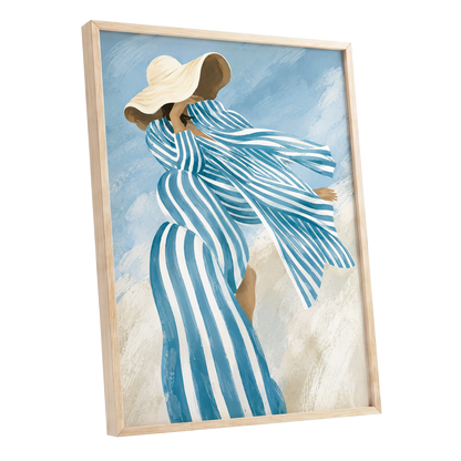 Blue in the Breeze, blue, white, beige abstract wall art shown as a oak framed poster wall art print