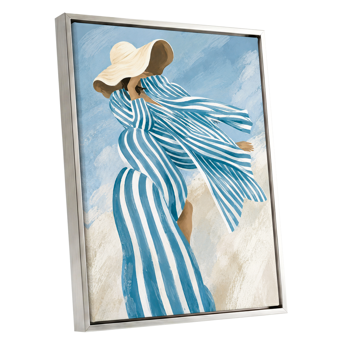 Blue in the Breeze, blue, white, beige abstract wall art shown as a silver framed canvas wall art