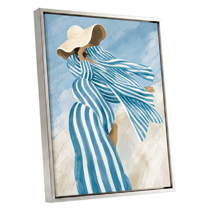 Blue in the Breeze, blue, white, beige abstract wall art shown as a silver framed canvas wall art