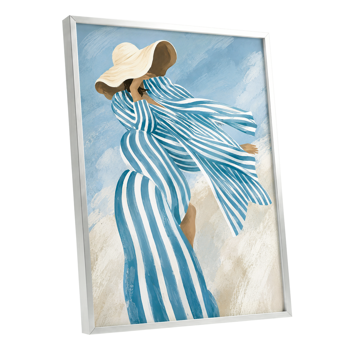 Blue in the Breeze, blue, white, beige abstract wall art shown as a silver framed poster wall art print