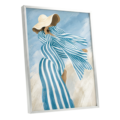 Blue in the Breeze, blue, white, beige abstract wall art shown as a silver framed poster wall art print