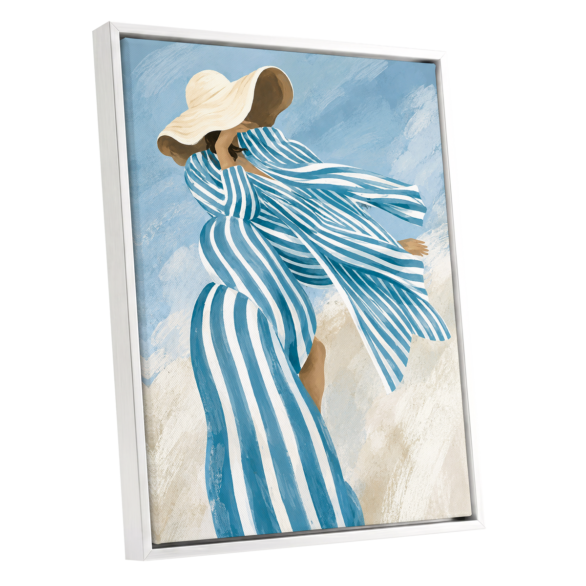 Blue in the Breeze, blue, white, beige abstract wall art shown as a white framed canvas wall art