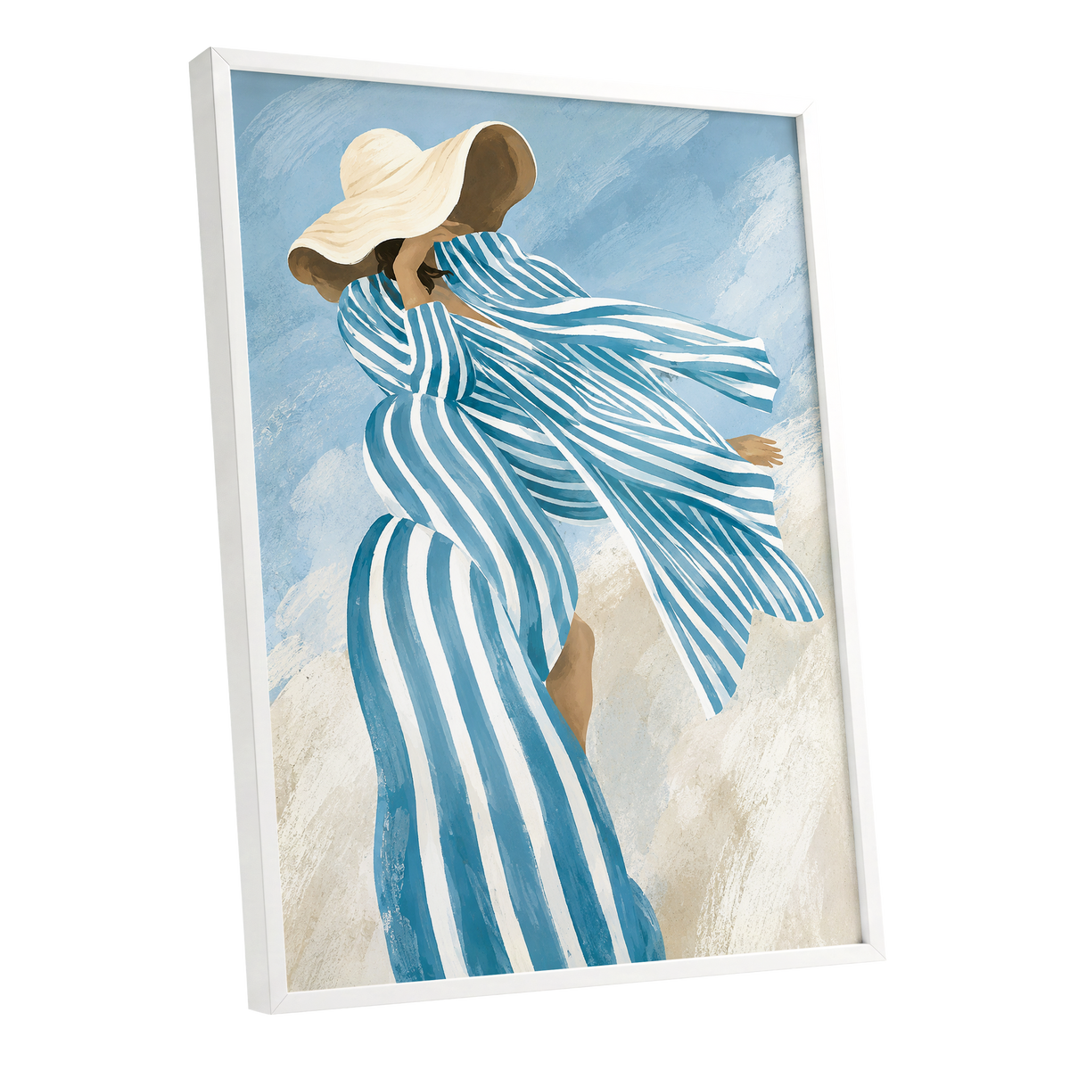 Blue in the Breeze, blue, white, beige abstract wall art shown as a white framed poster wall art print