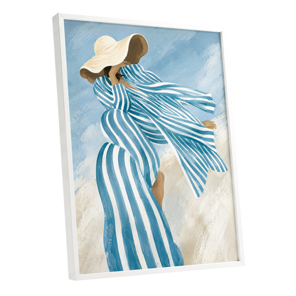 Blue in the Breeze, blue, white, beige abstract wall art shown as a white framed poster wall art print