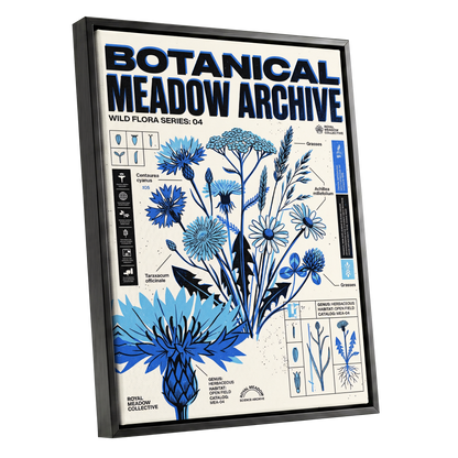 Blue Meadow Archive, blue, black, beige floral wall art shown as a black framed canvas wall art
