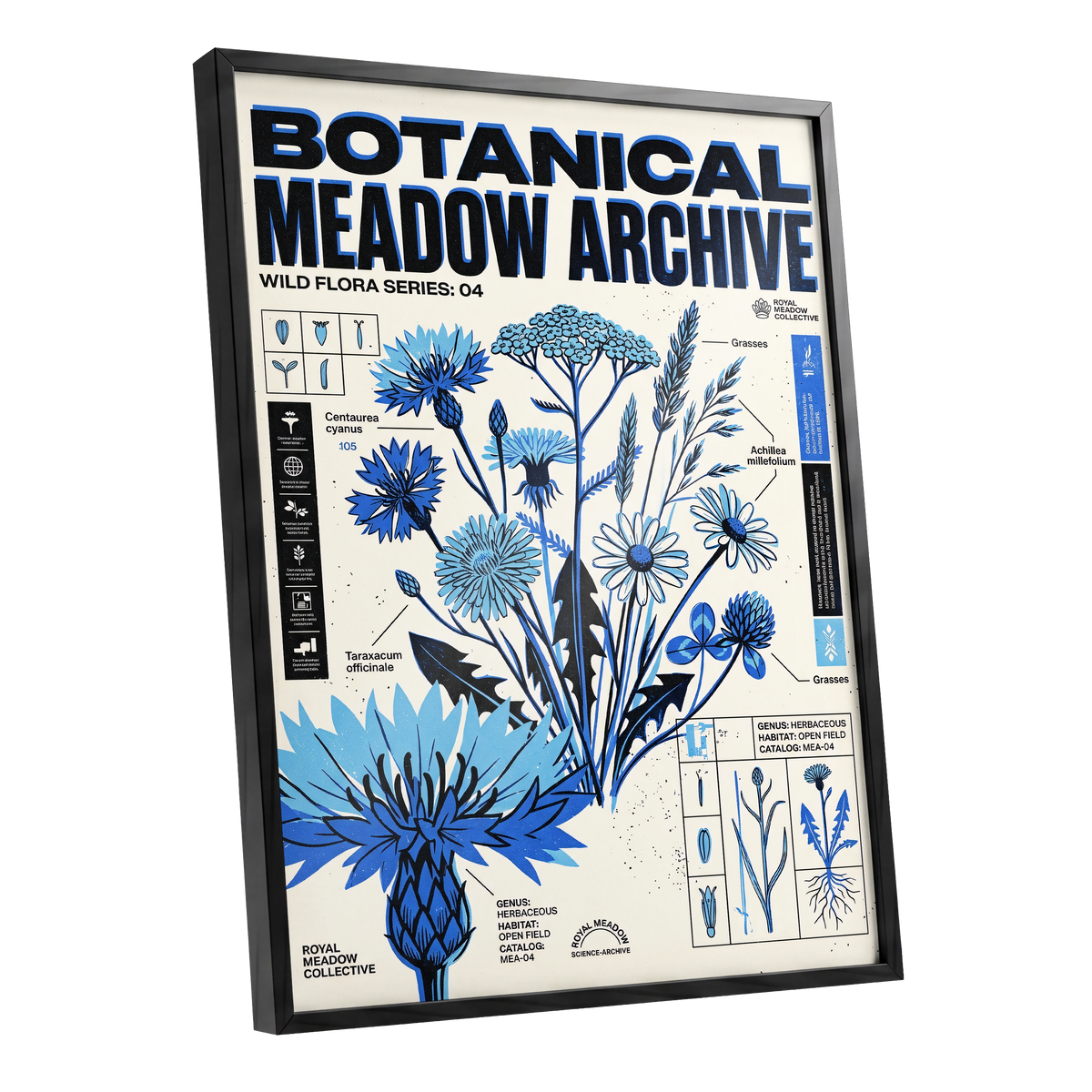 Blue Meadow Archive, blue, black, beige floral wall art shown as a black framed poster wall art print