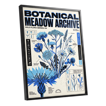 Blue Meadow Archive, blue, black, beige floral wall art shown as a black framed poster wall art print