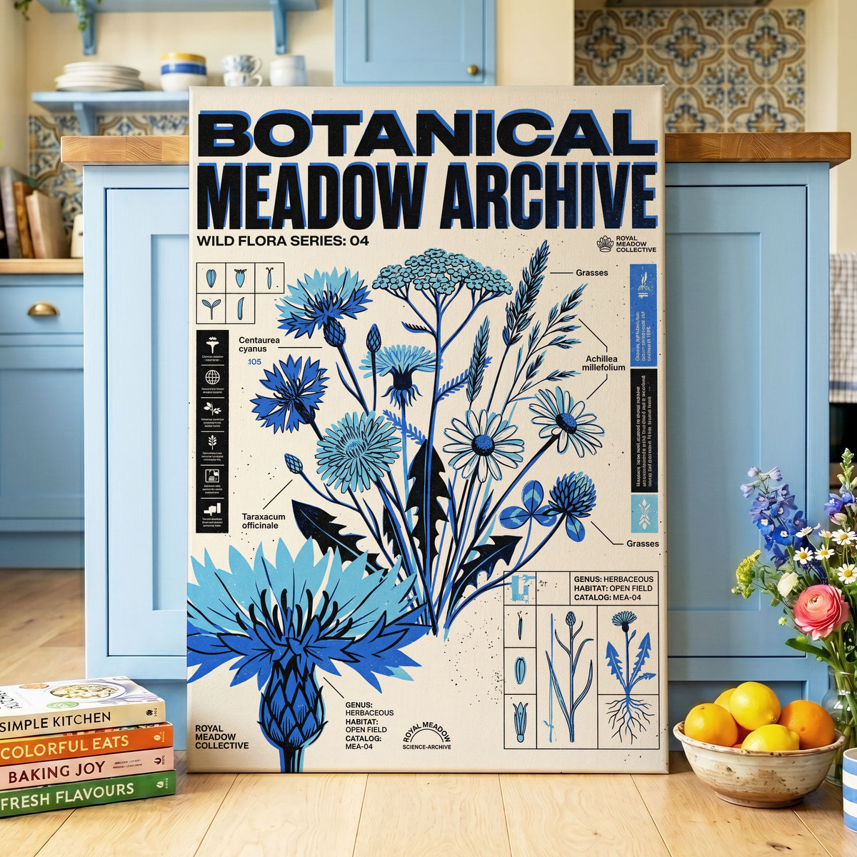 Blue Meadow Archive, blue, black, beige floral wall art on canvas displayed in a styled interior, gallery view 1