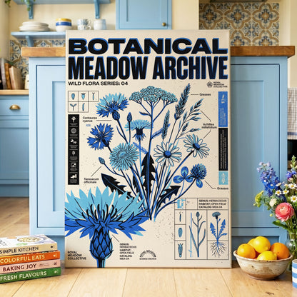 Blue Meadow Archive, blue, black, beige floral wall art on canvas displayed in a styled interior, gallery view 1