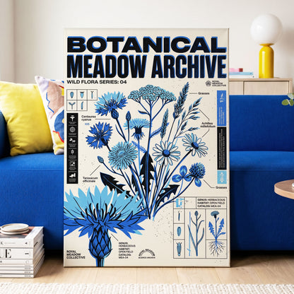 Blue Meadow Archive, blue, black, beige floral wall art on canvas displayed in a styled interior, gallery view 2
