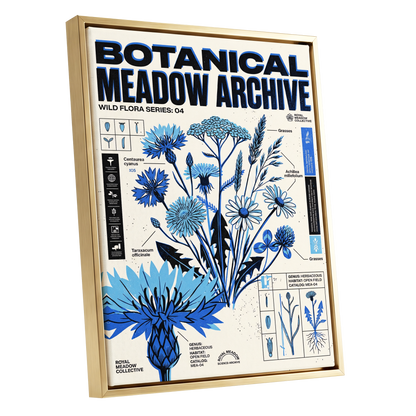 Blue Meadow Archive, blue, black, beige floral wall art shown as a gold framed canvas wall art