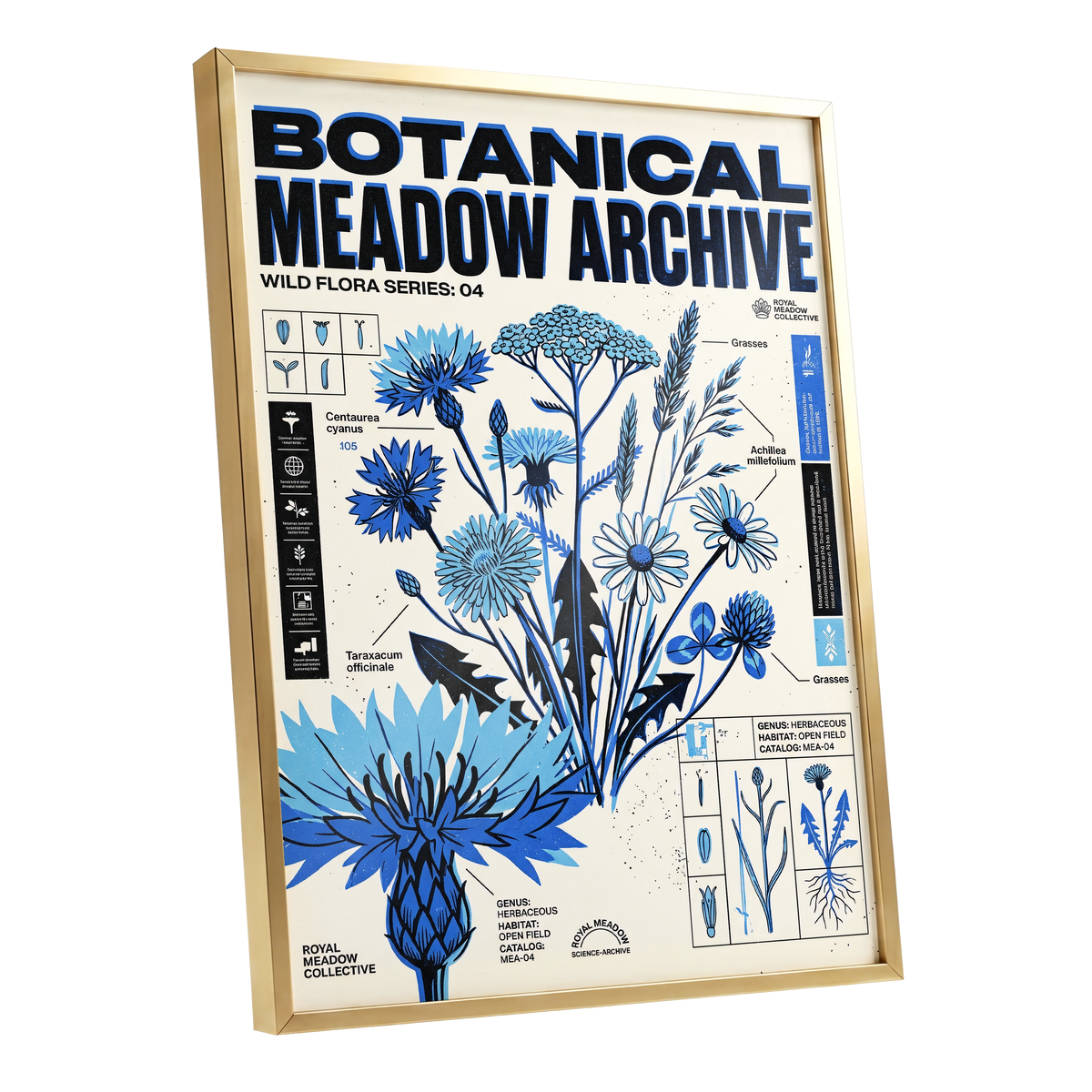 Blue Meadow Archive, blue, black, beige floral wall art shown as a gold framed poster wall art print