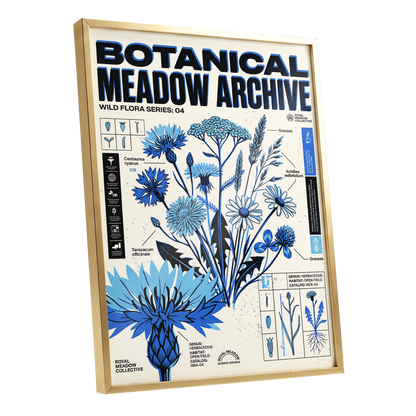 Blue Meadow Archive, blue, black, beige floral wall art shown as a gold framed poster wall art print