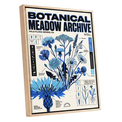 Blue Meadow Archive, blue, black, beige floral wall art shown as a oak framed canvas wall art