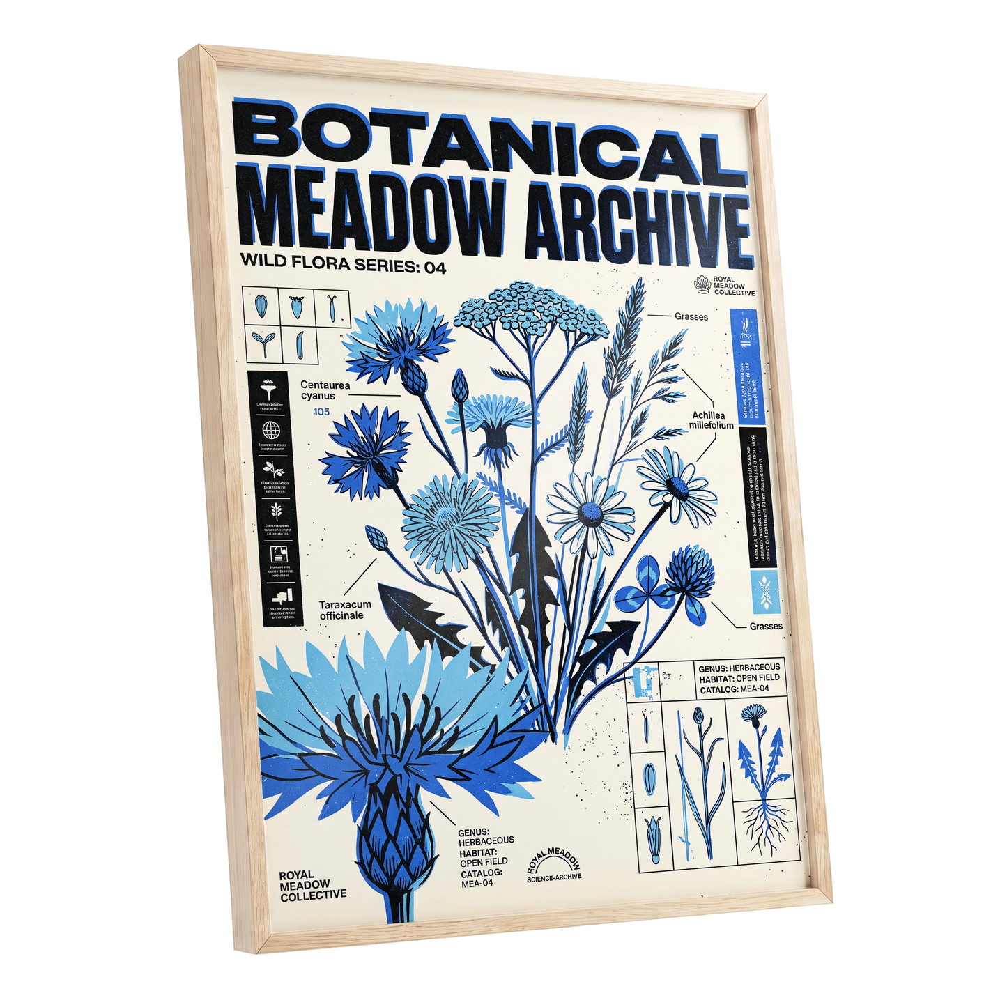 Blue Meadow Archive, blue, black, beige floral wall art shown as a oak framed poster wall art print