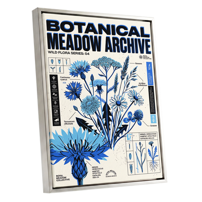 Blue Meadow Archive, blue, black, beige floral wall art shown as a silver framed canvas wall art