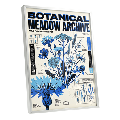 Blue Meadow Archive, blue, black, beige floral wall art shown as a silver framed poster wall art print