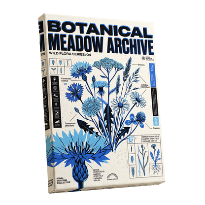 Blue Meadow Archive, blue, black, beige floral wall art shown as a stretched canvas wall art